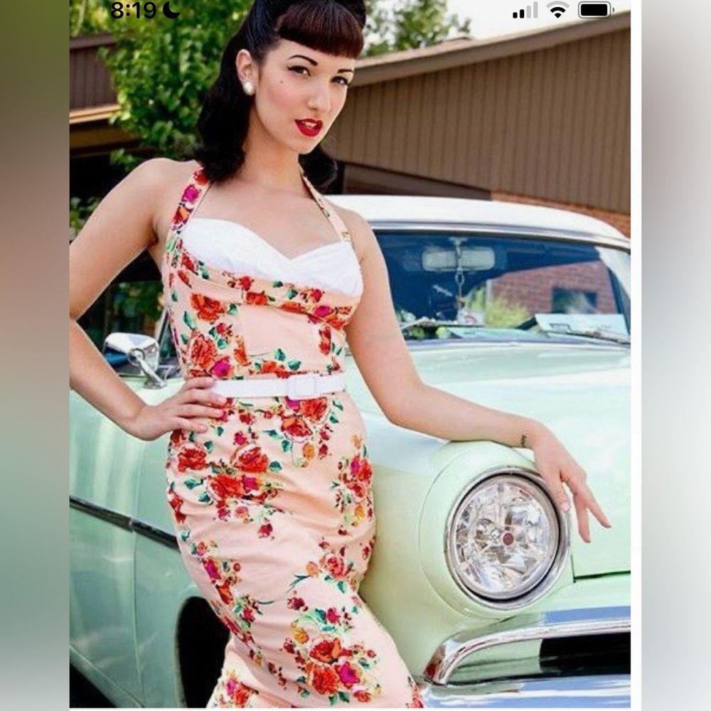 Stop staring cover girl peach pink white floral wiggle pencil dress halter retro